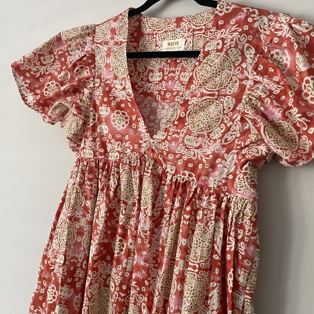 Maeve Babydoll Flutter Sleeve Printed Midi Dress Sz S Boho Chic Cottage Pockets - Picture 5 of 11